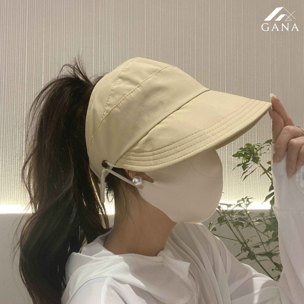 Mũ chống nắng nửa đầu Hàn Quốc, nón vành rộng có móc đeo khẩu trang, mũ chống nắng buộc tóc đuôi ngựa.