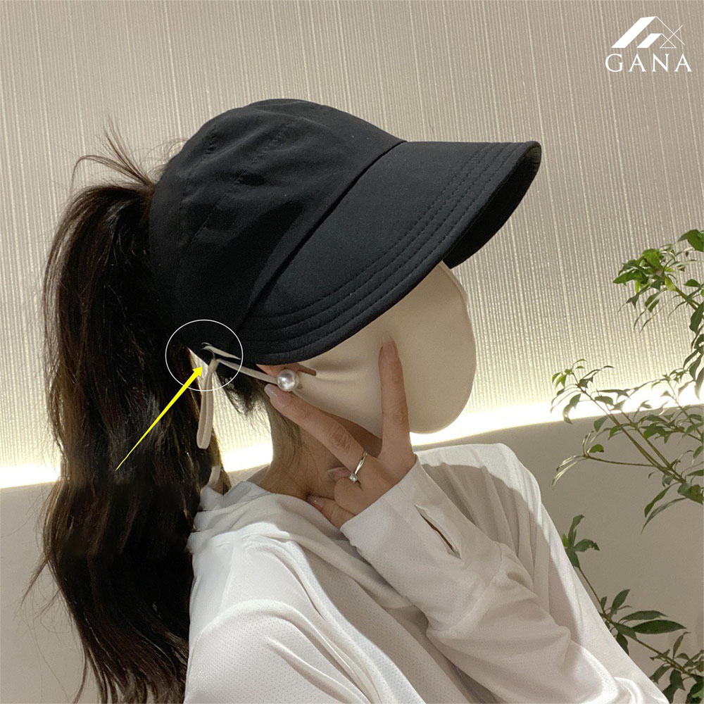 Mũ chống nắng nửa đầu Hàn Quốc, nón vành rộng có móc đeo khẩu trang, mũ chống nắng buộc tóc đuôi ngựa.