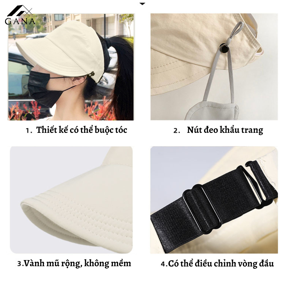 Mũ chống nắng nửa đầu Hàn Quốc, nón vành rộng có móc đeo khẩu trang, mũ chống nắng buộc tóc đuôi ngựa.