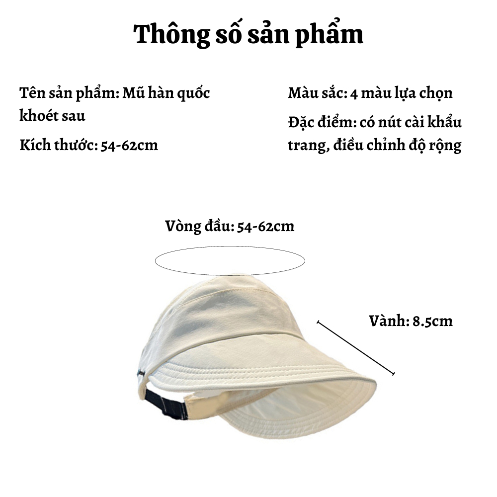 Mũ chống nắng nửa đầu Hàn Quốc, nón vành rộng có móc đeo khẩu trang, mũ chống nắng buộc tóc đuôi ngựa.