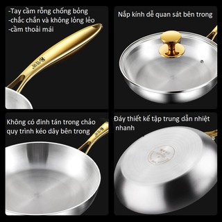 INOX 316 -Chảo Không Tráng KENGQIANG 30cm -Chống Dính Tự Nhiên Đúc Nguyên Khối 7 lớp Tay Cầm Vàng