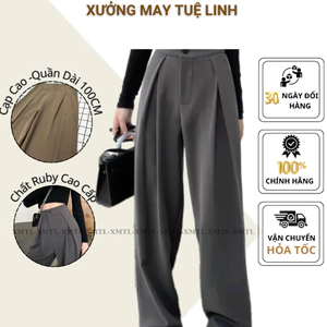 Quần tây nữ suông dài ống rộng ly lệch 2 bên, cạp cao khuy giữa tôn dáng, vải ruby cao cấp M888