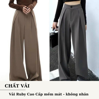 Quần tây nữ suông dài ống rộng ly lệch 2 bên, cạp cao khuy giữa tôn dáng, vải ruby cao cấp M888
