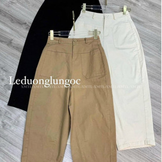 Quần baggy nữ cạp cao vải kaki loại 1 co giãn, quần baggy ống rộng form thụng 2 túi trước HQ_019