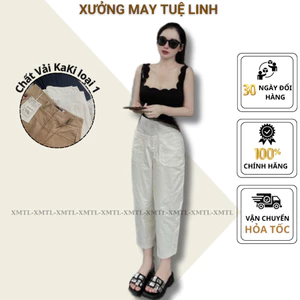 Quần baggy nữ cạp cao vải kaki loại 1 co giãn, quần baggy ống rộng form thụng 2 túi trước HQ_019