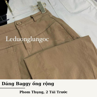 Quần baggy nữ cạp cao vải kaki loại 1 co giãn, quần baggy ống rộng form thụng 2 túi trước HQ_019