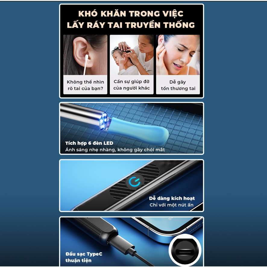 Dụng cụ lấy ráy tai có camera đầu kim loại bọc silicon FIKO E9S - Tặng ...