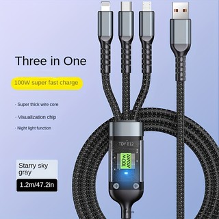 Dây cáp sạc siêu nhanh 3 đầu 100W SOPMEDIA Micro USB Type C 3 trong 1 dây cáp dữ liệu trong suốt màn hình kỹ thuật số