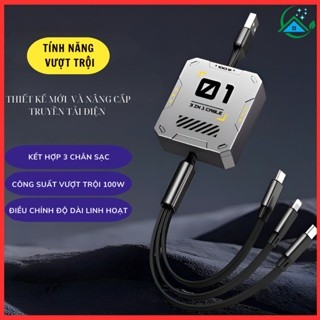 Dây cáp sạc nhanh 6A 3 trong 1 cuộn dây chống rối - kéo rút dễ dàng sạc nhanh 100w, hộp kim loại cao cấp