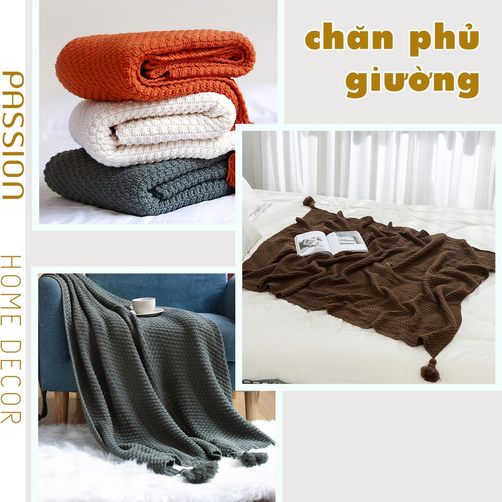 Chăn Đan Len Dệt Sợi Đính Tua Rua Trang Trí Ghế Sofa Giường Ngủ Bắc Âu