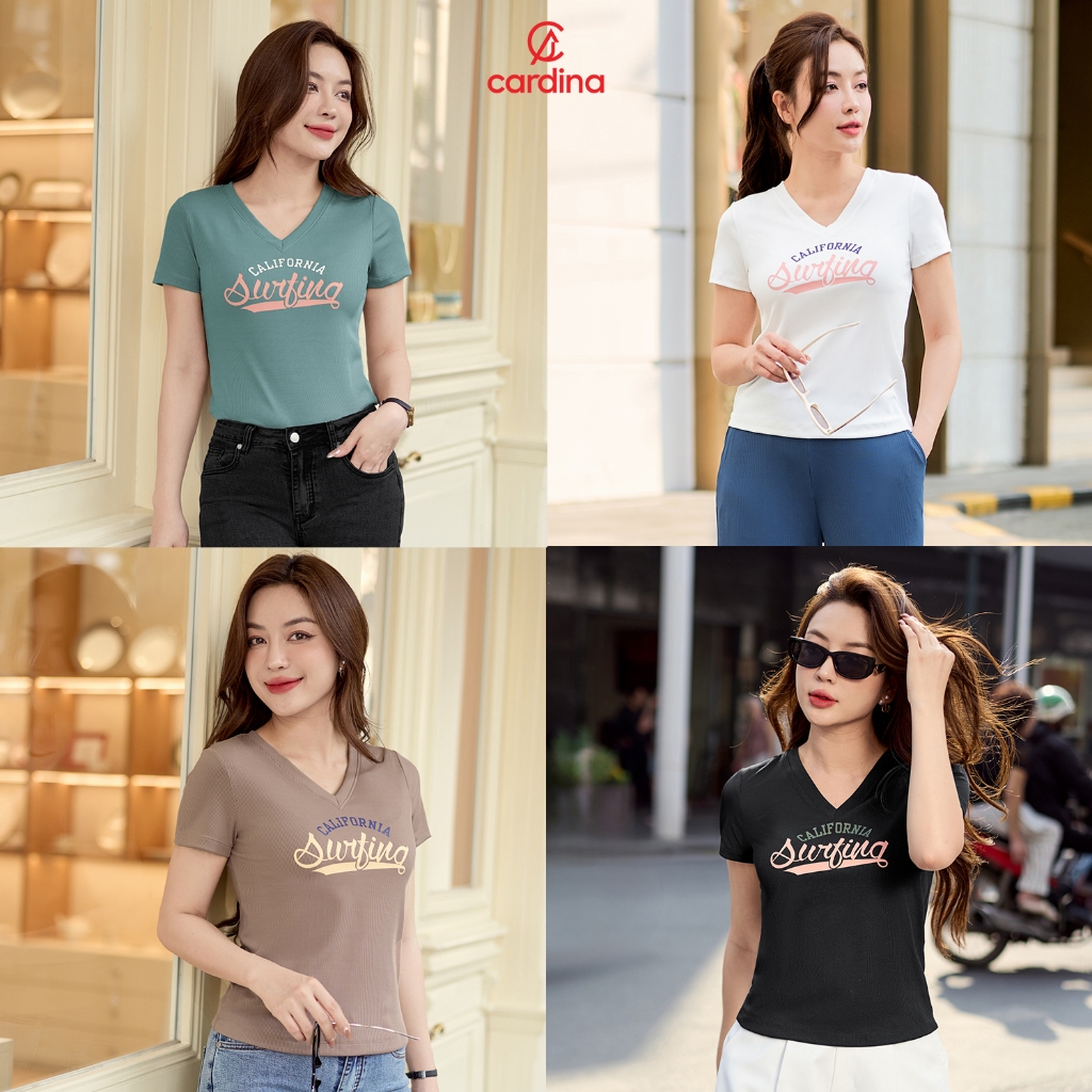Ảnh Áo thun nữ CARDINA chất tăm lạnh cổ V  form basic kiểu dáng nhẹ nhàng trẻ trung màu sắc đa dạng 4AFC02 5AFC02 4
