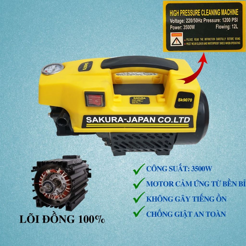 Máy rửa xe Sakura áp lực cao - Máy rửa xe Sakura Lõi Đồng Cực Khỏe - tặng kèm bình bọt tuyết