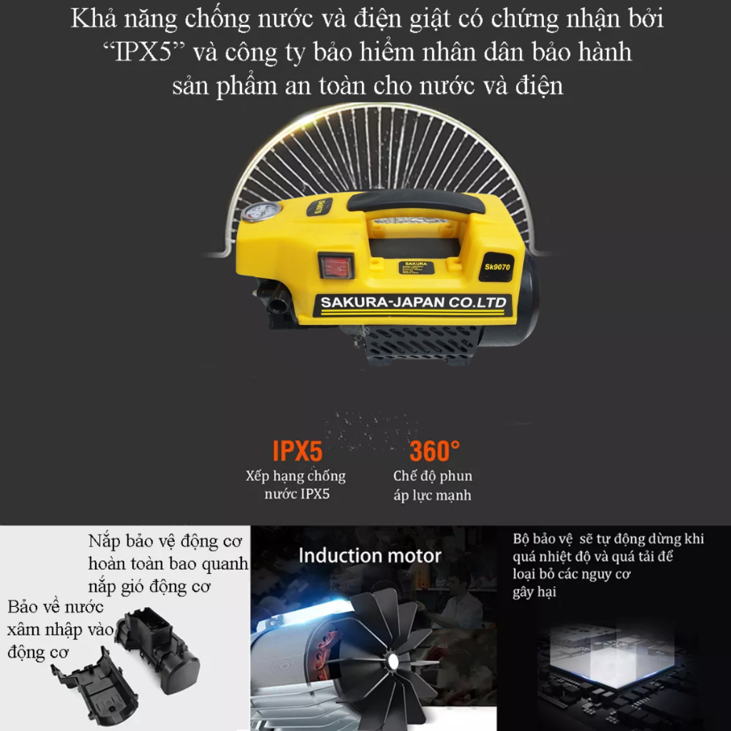 Máy rửa xe Sakura áp lực cao - Máy rửa xe Sakura Lõi Đồng Cực Khỏe - tặng kèm bình bọt tuyết