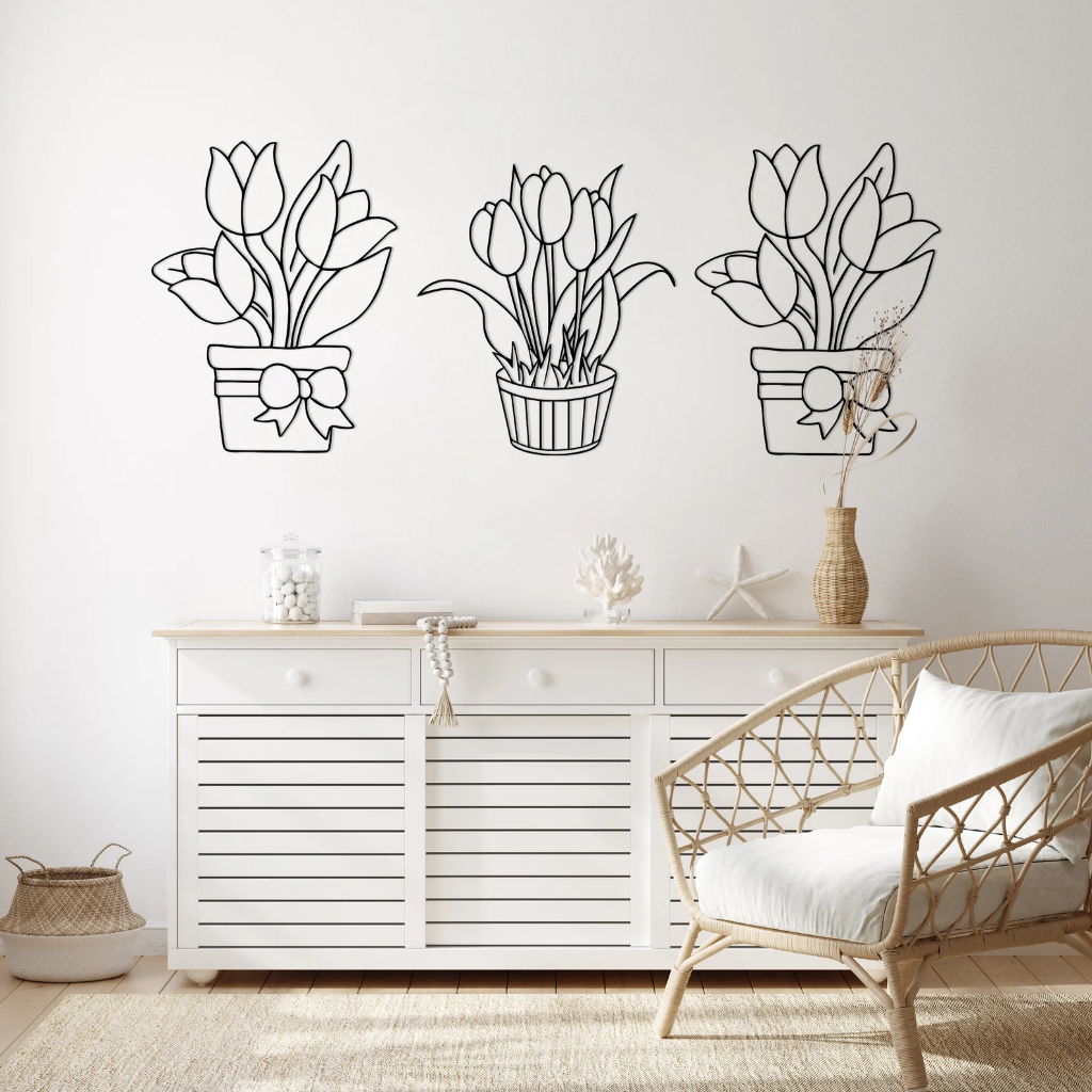 Tranh sắt CNC B06| Bộ tranh sắt "Chậu hoa nhỏ xinh", Treo tường nghệ thuật, Decor trang trí nội thất