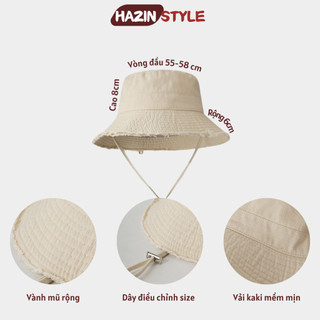 Mũ bucket tua rua HAZIN vải mềm mịn, nón tai bèo cao bồi vành rộng có dây quai điều chỉnh phong cách Hàn Quốc