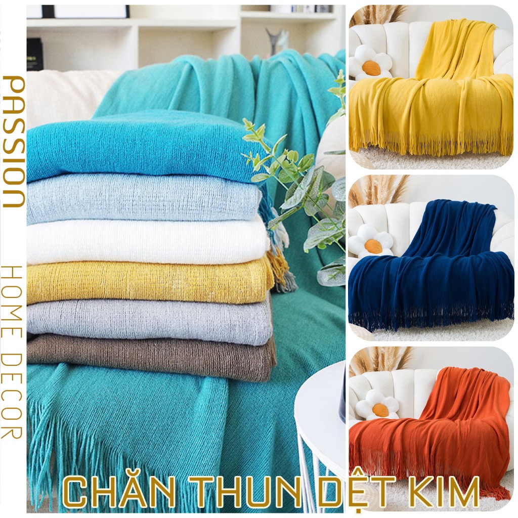 Chăn Thun Đan Len Dệt Kim Màu Trơn Phủ Ghế Sofa Phủ Trang trí Giường Gelli