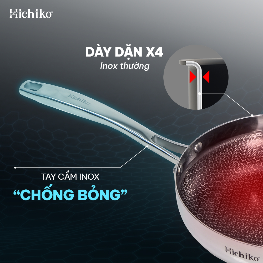 Chảo nguyên khối inox chống dính ĐÁY TỪ vân tổ ong Hichiko size 22-24-26-28cm, dùng mọị loại bếp