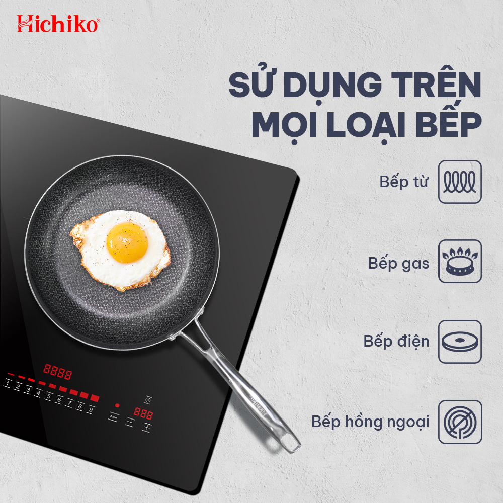 Chảo nguyên khối inox chống dính ĐÁY TỪ vân tổ ong Hichiko size 22-24-26-28cm, dùng mọị loại bếp