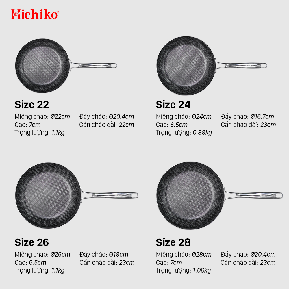 Chảo nguyên khối inox chống dính ĐÁY TỪ vân tổ ong Hichiko size 22-24-26-28cm, dùng mọị loại bếp