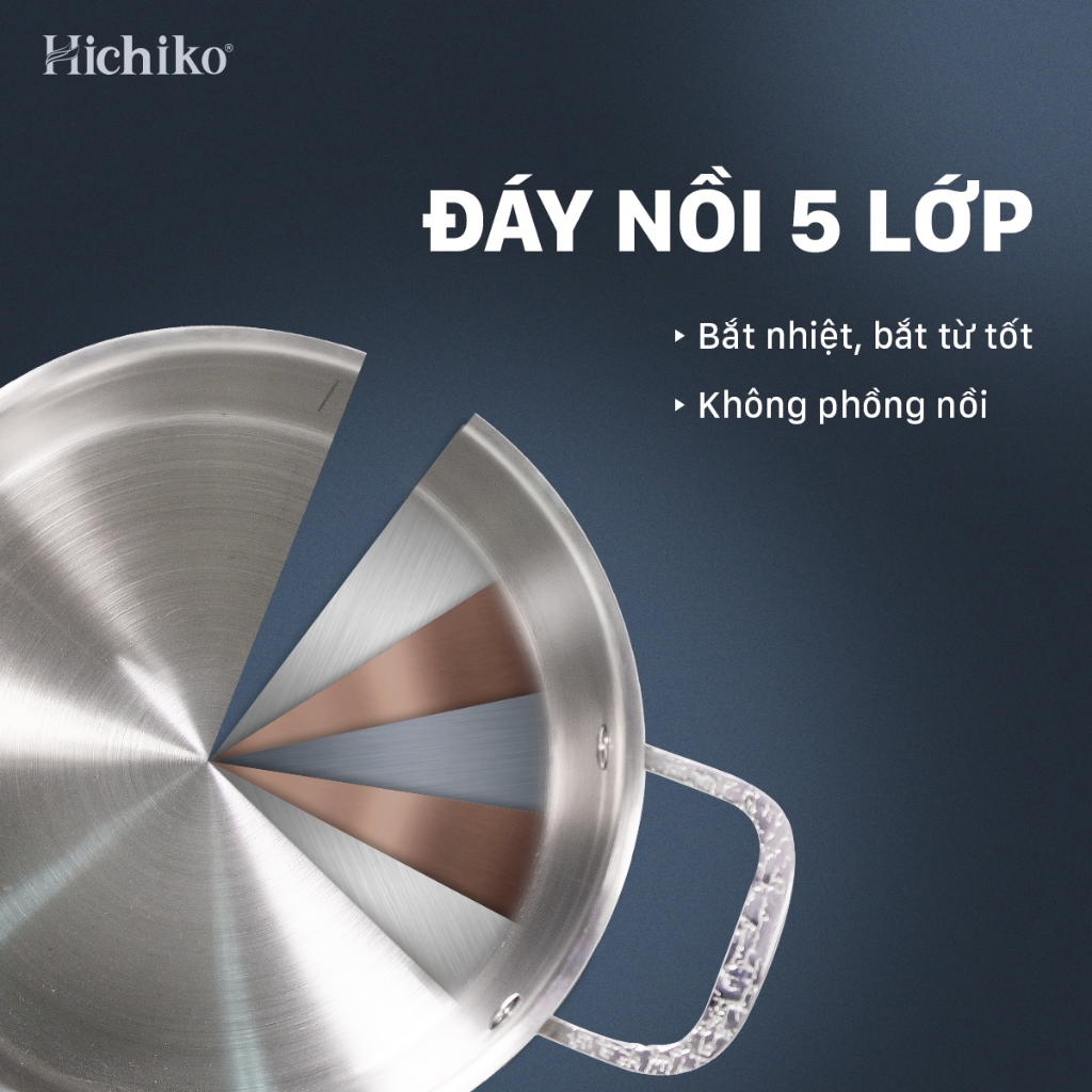 Bộ nồi inox 304 ĐÁY TỪ 5 lớp Hichiko 20-22-24cm, sử dụng cho mọi loại bếp HC1323NK