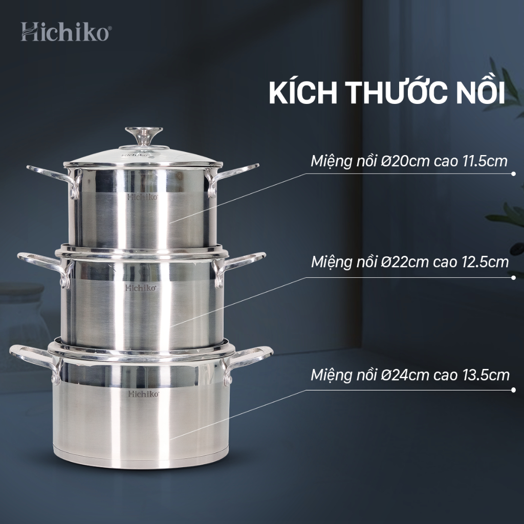 Bộ nồi inox 304 ĐÁY TỪ 5 lớp Hichiko 20-22-24cm, sử dụng cho mọi loại bếp HC1323NK