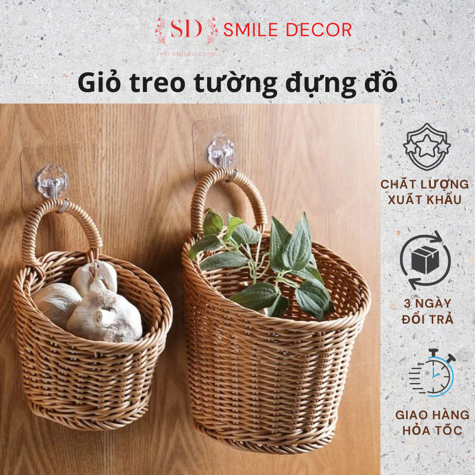 Giỏ treo tường đựng đồ đan nhựa giả mây Smile Decor, giỏ treo đựng hành ...
