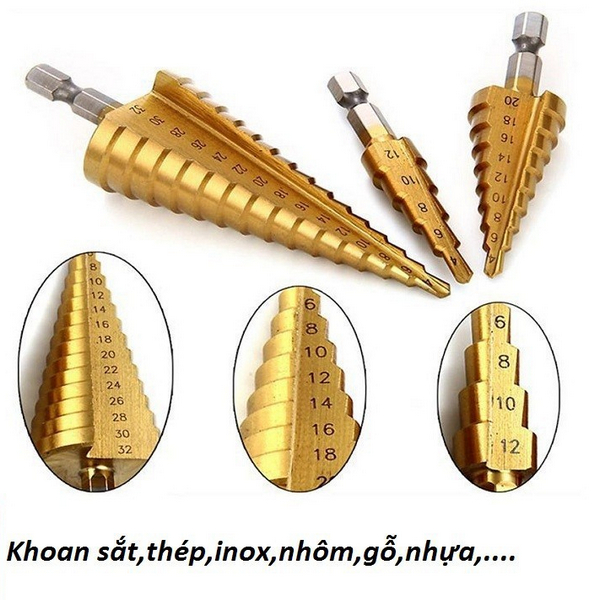 Mũi khoan tháp bước đủ size | Mũi Khoan tháp thẳng đa năng chân trụ đầu lục giác phủ titan