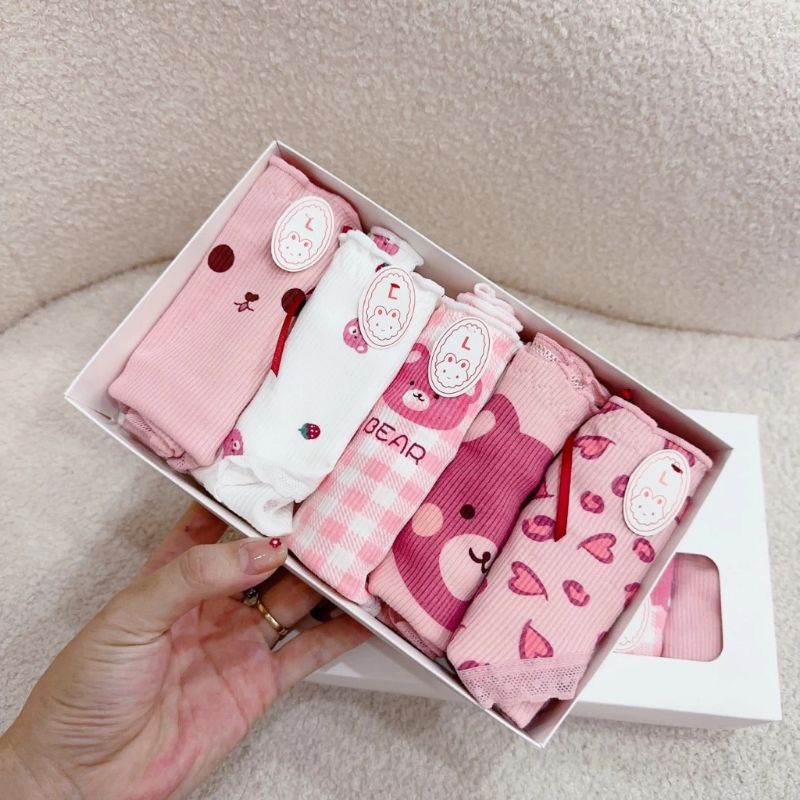 Hộp 5 Quần Lót Nữ, Quần Lót Cotton Tăm Họa Tiết Gấu Hồng