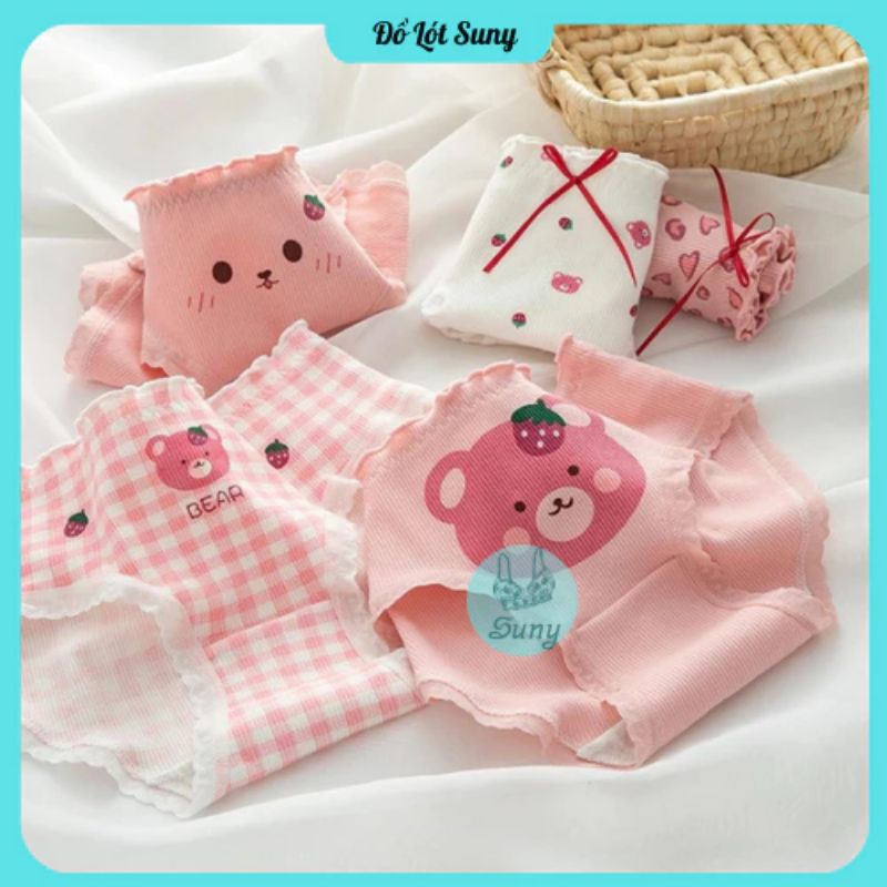 Quần lót cotton, Quần lót nữ chất cotton tăm họa tiết gấu hồng