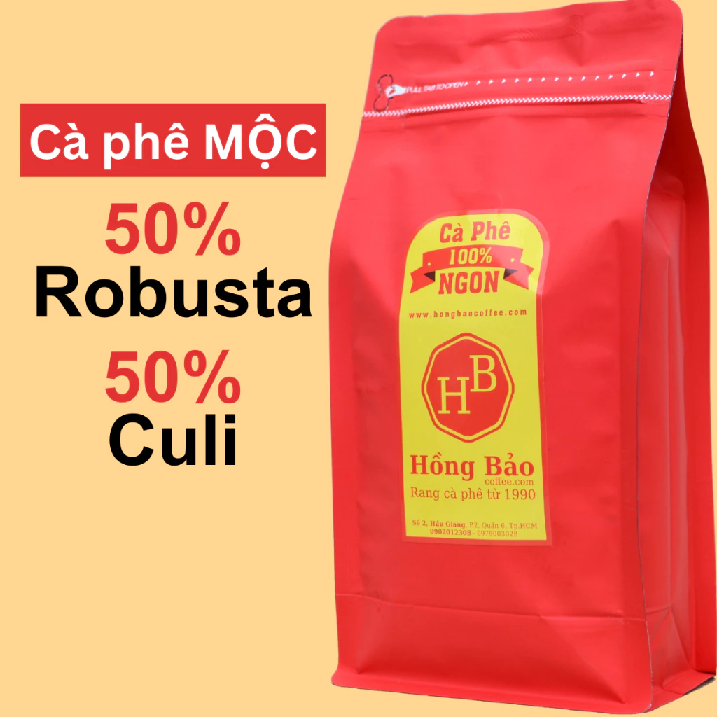 50% Robusta Đắk Lắk, 50% Culi Mộc - Cà phê Hồng Bảo - Túi zip 500gr