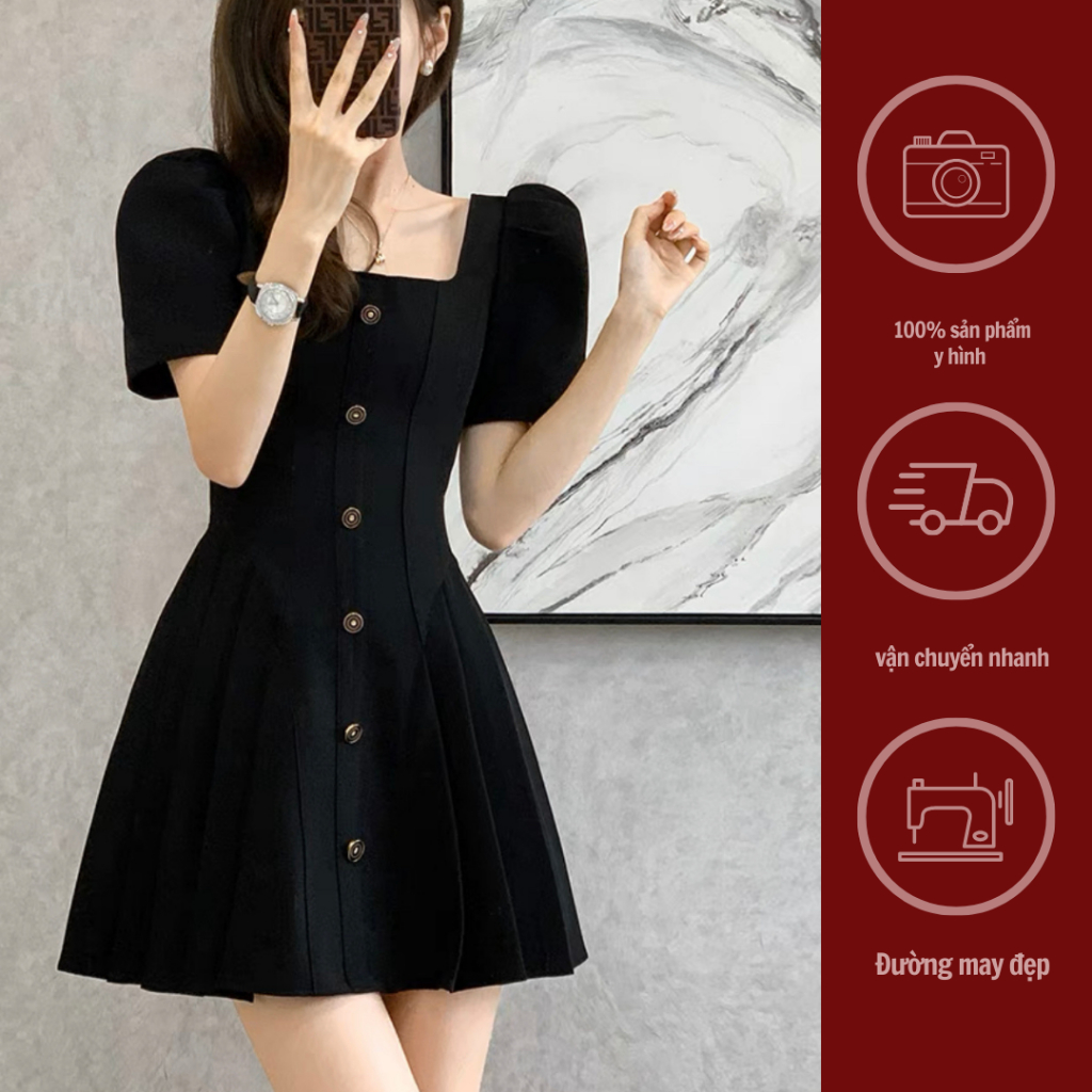 VGC2301_Váy cổ vuông xếp li dáng chữ A tôn eo phong cách tiểu thư sang chảnh trẻ trung GINKO CLOTHING