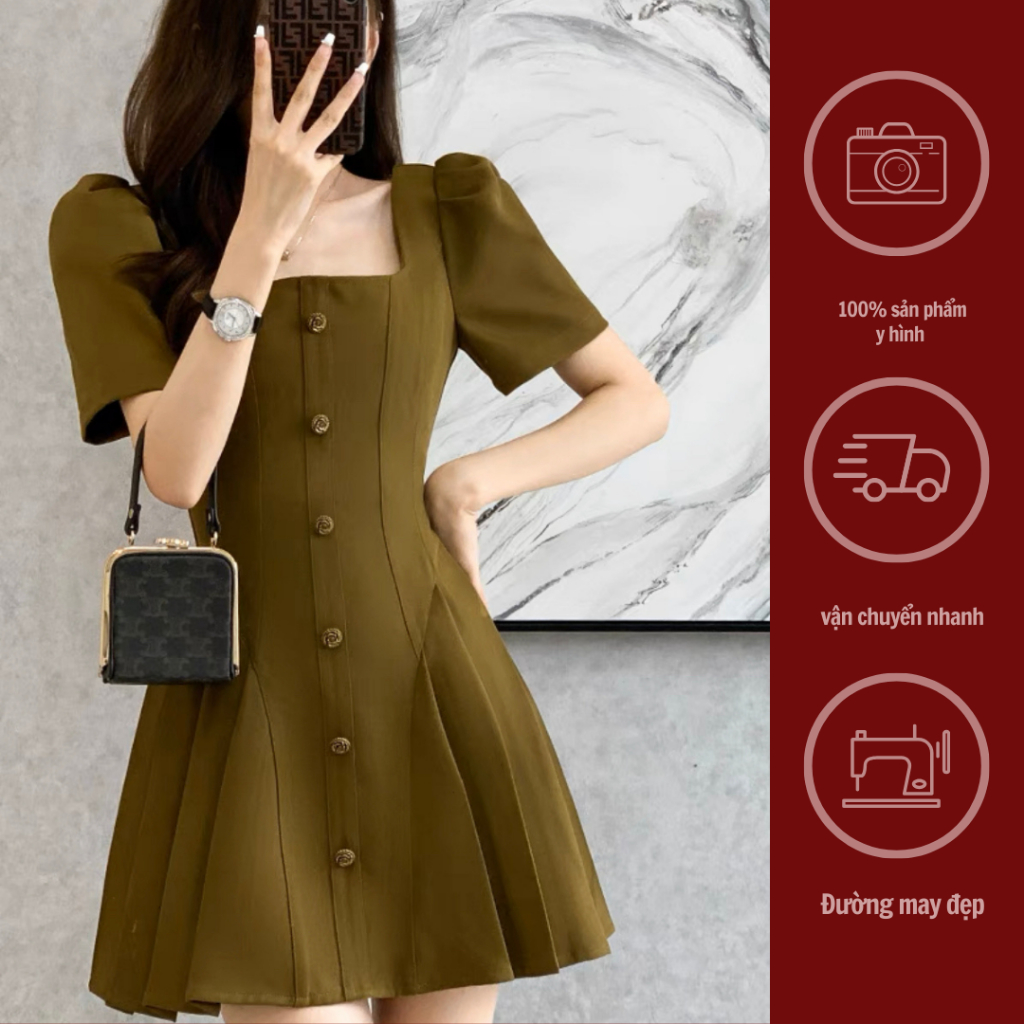 VGC2301_Váy cổ vuông xếp li dáng chữ A tôn eo phong cách tiểu thư sang chảnh trẻ trung GINKO CLOTHING