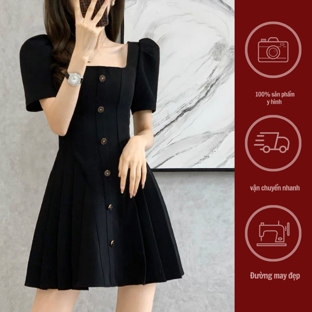 VGC2301_Váy cổ vuông xếp li dáng chữ A tôn eo phong cách tiểu thư sang chảnh trẻ trung GINKO CLOTHING