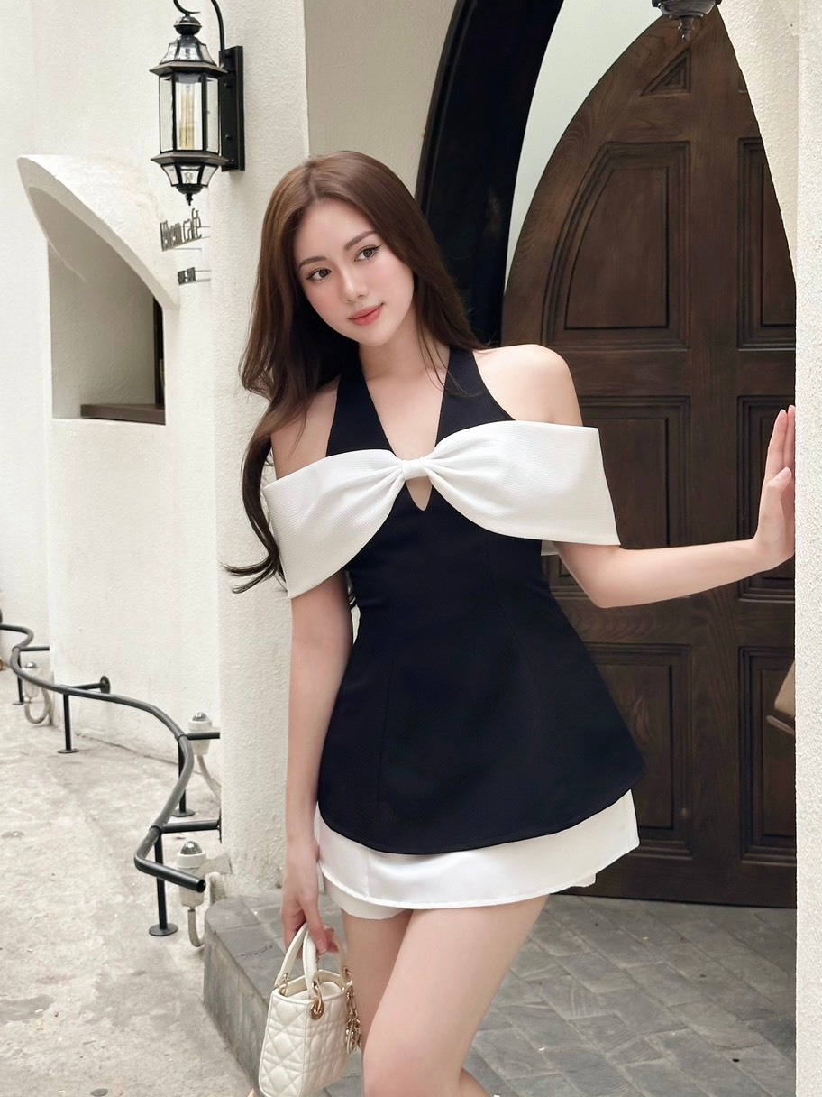 Áo Yếm Đính Nơ Bẹt Vai Phối 2 Màu Sang Trọng Thời Trang - EDINI - A1531 ...