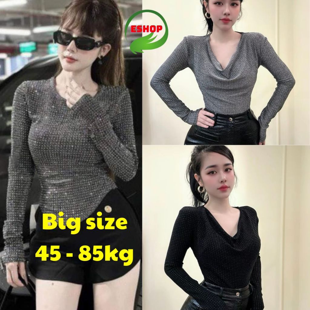 Áo Thun Nữ Bigsize 40-85kg Tay Dài Đính Đá Hottrend - Áo Kiểu Cổ Thuyền Ôm Body Tôn Dáng ESHOP MS009