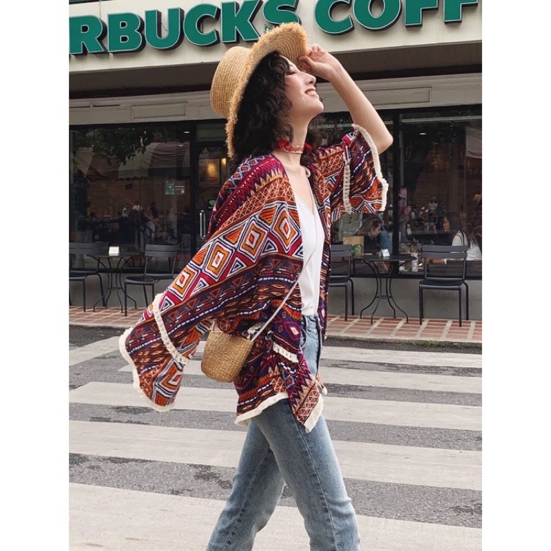 Áo cadigan voan tua rua phong cách boho nữ mùa hè họa tiết thổ cẩm Kèm ảnh thật chụp tại shop