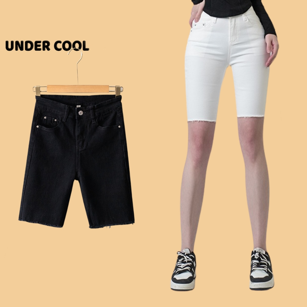 Quần ngố jean trơn nữ UNDERCOOL phong cách hàn quốc đơn giãn dễ phối đồ - bò giấy, lửng short nữ có 4 túi QS08