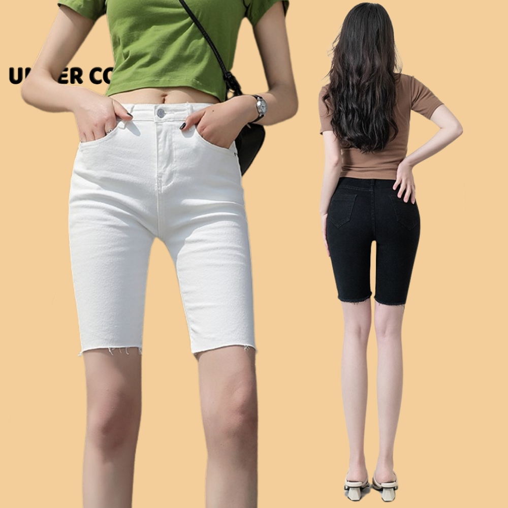 Quần ngố jean trơn nữ UNDERCOOL phong cách hàn quốc đơn giãn dễ phối đồ - bò giấy, lửng short nữ có 4 túi QS08