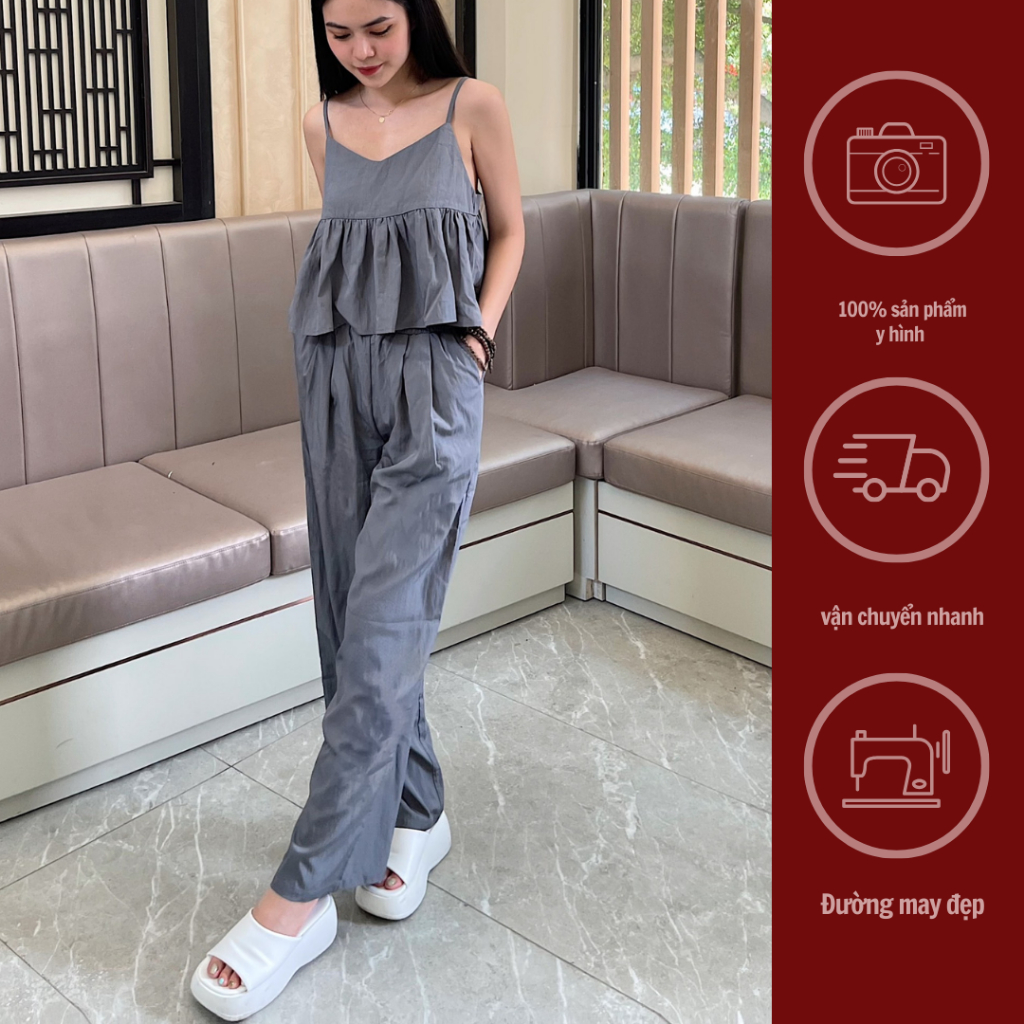 GINKO CLOTHING_Sui áo 2 dây phối quần xuông chất liệu đũi gió cao cấp_SETGC2308