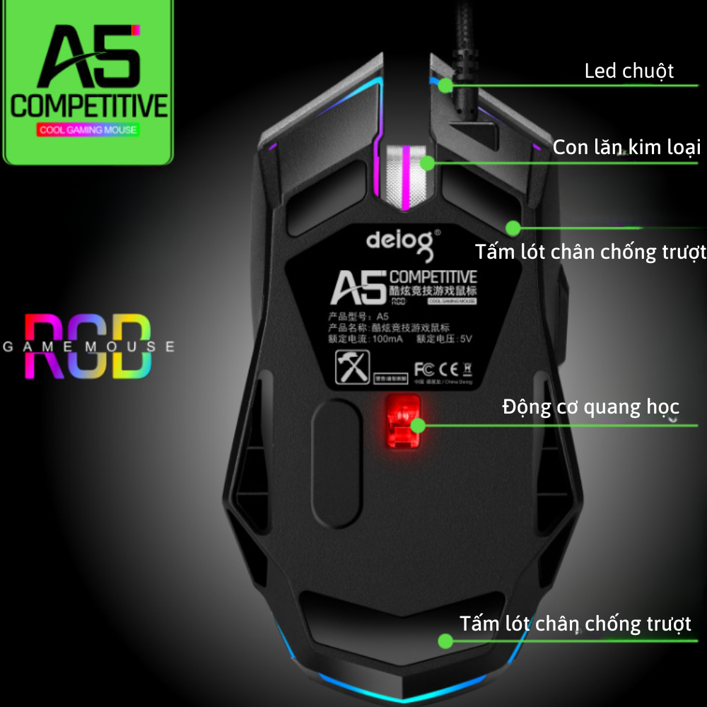 Chuột Máy Tính Gaming Chính Hãng DEIOG A5 Led RGB 7 Chế Độ Thiết Kế Hầm Hố Phù Hợp PC Laptop