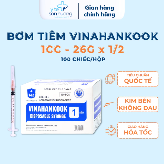 Bơm Kim Tiêm 1cc, Ống Bơm Tiêm 1ml VINAHANCOOK xilanh 1ml sử dụng 01 lần Hộp 100 cái