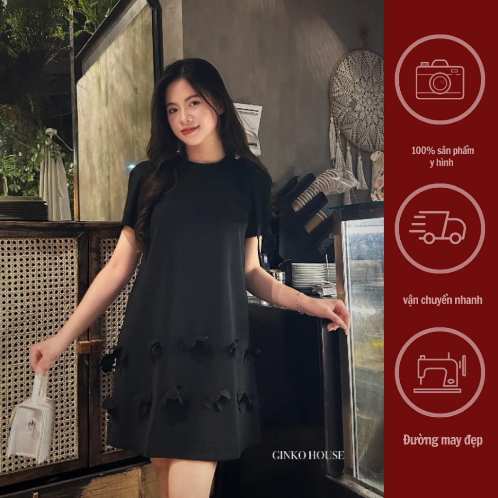 Váy A hoa rập 3D có tay nơ vai tiểu thư