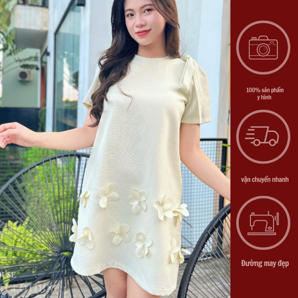 Váy A hoa rập 3D có tay nơ vai tiểu thư
