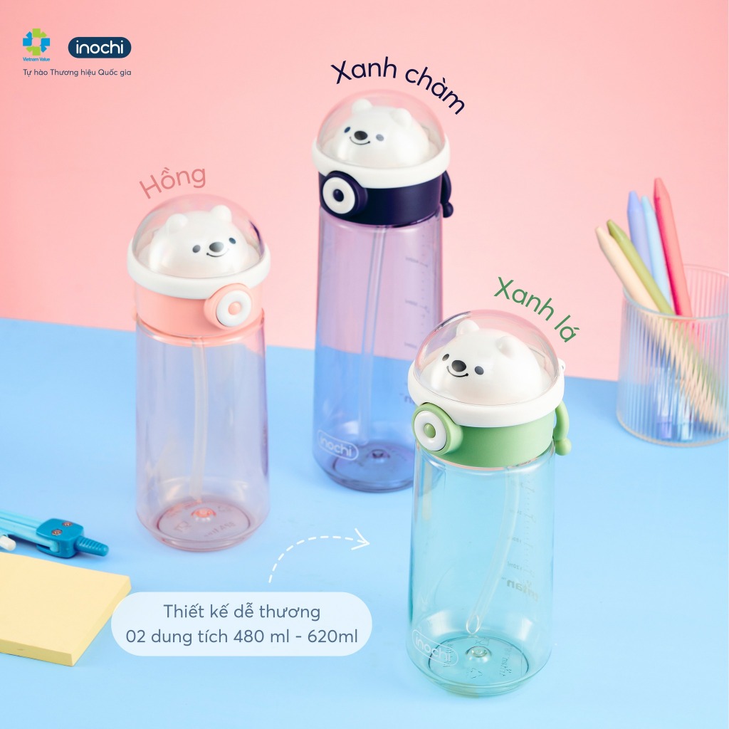 Bình nước INOCHI cho bé Có ống hút Kita Boo, nhấn nút là nắp mở, tiện lợi với trẻ, ống hút tiện dụng
