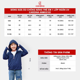 Áo chống nắng trẻ em CARDINA 1 lớp chất thun lạnh aircool nhật bản cao cấp chống tia uv 4NK01