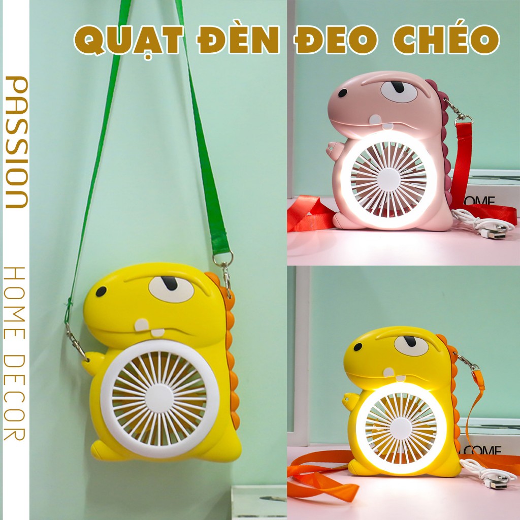 Quạt Mini Thiết kế hình Khủng Long có đèn và dây đeo tiện lợi
