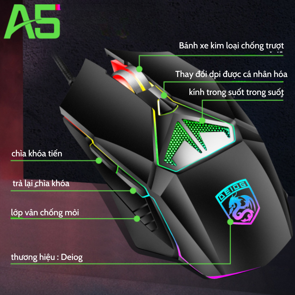 Chuột Máy Tính Gaming Chính Hãng DEIOG A5 Led RGB 7 Chế Độ Thiết Kế Hầm Hố Phù Hợp PC Laptop