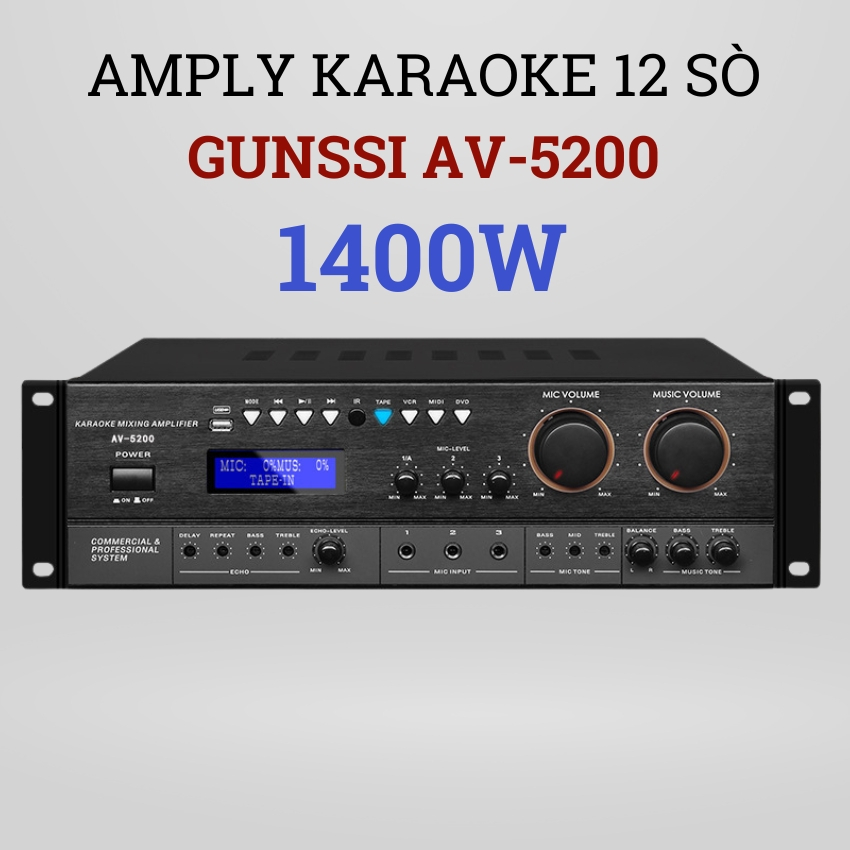 Amply đẩy liền vang 12 sò Gunssi AV 5200 công suất cực khủng 1400W, âm ly karaoke bluetooth, hát karaoke nghe nhạc chất