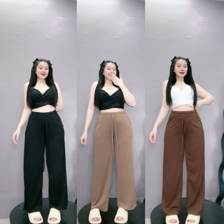 Quần thun ống rộng big size nữ dây rút eo chun chất vải gân tăm co giãn thoải mái màu sắc basic  dễ phối đồ Q20