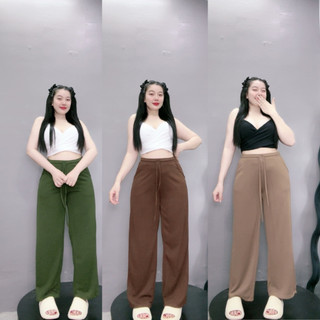 Quần thun ống rộng big size nữ dây rút eo chun chất vải gân tăm co giãn thoải mái màu sắc basic  dễ phối đồ Q20